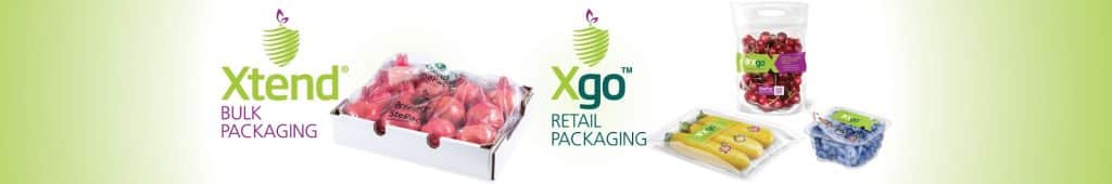 StePac packaging Xgo and Xflow products on a green banner for fresh produce packaging