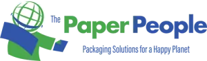 The paper people logo for paper packaging with tagline packaging solutions in green and blue
