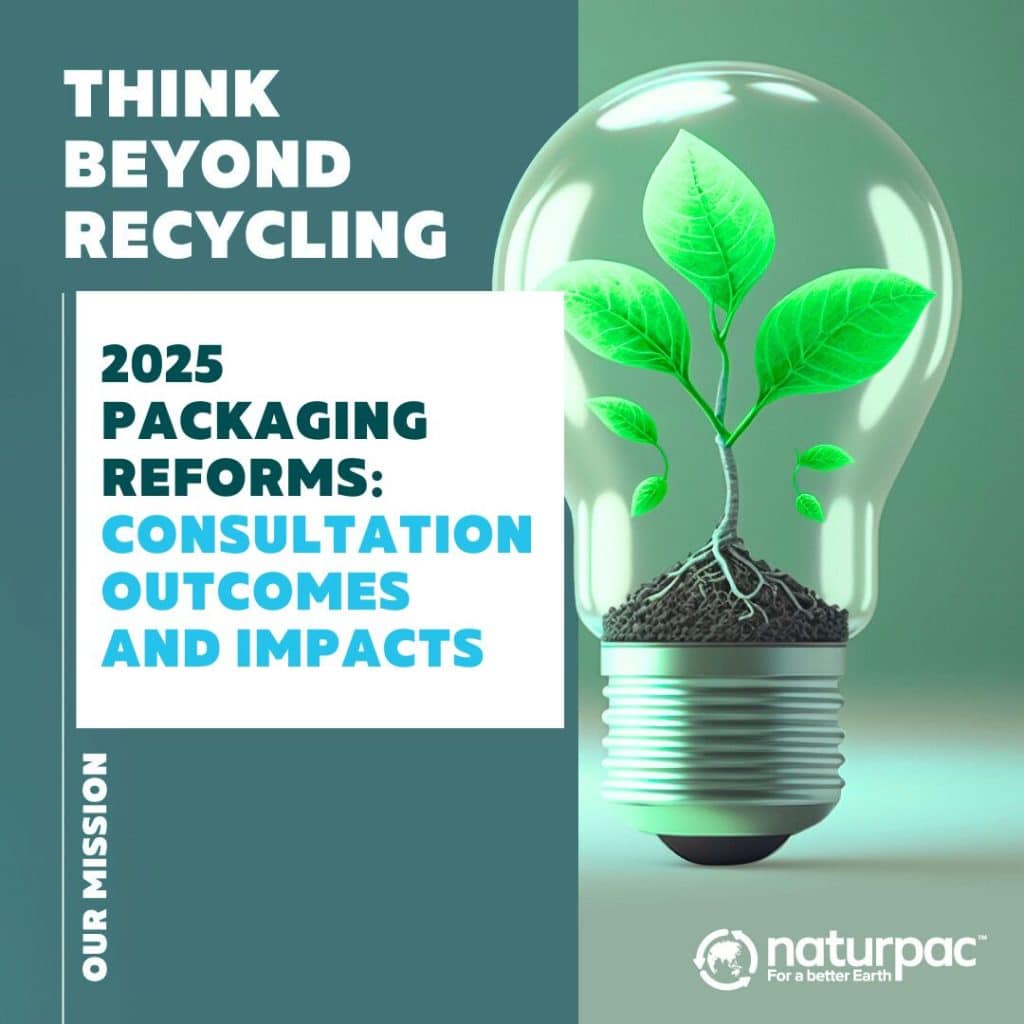 2025 DCCEEW packaging reforms consultation outcomes and impacts on a green background with a plant in a lightbult.