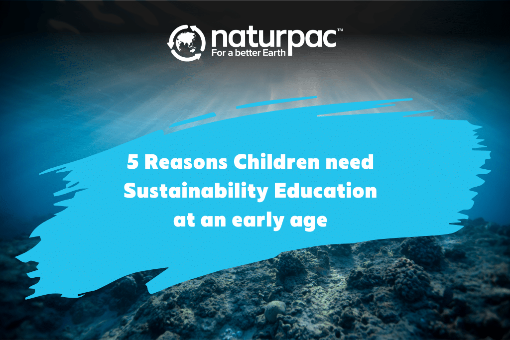 5 Reasons Children need sustainability education at an early age head banner witg ocean as the background and Naturpac logo